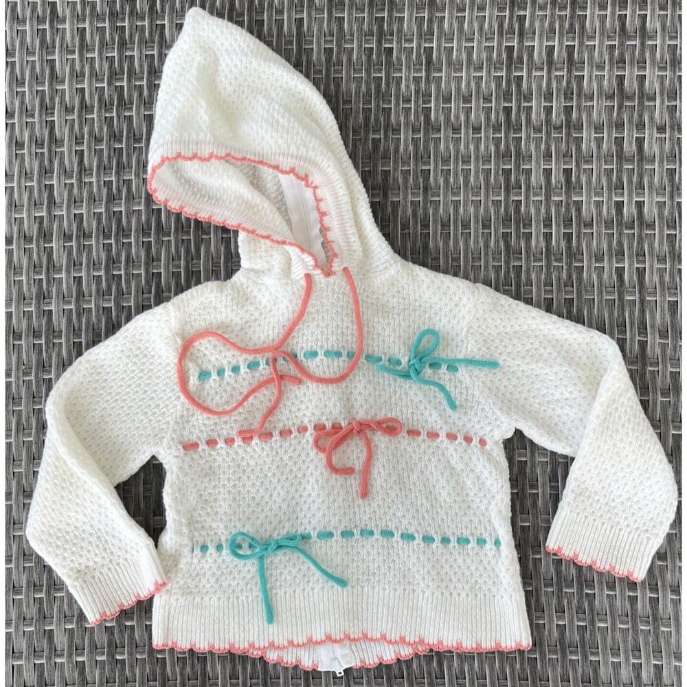 Vintage Toddler 24 Months White Knit Crochet Back Full Zip Sweater Hoodie EUC